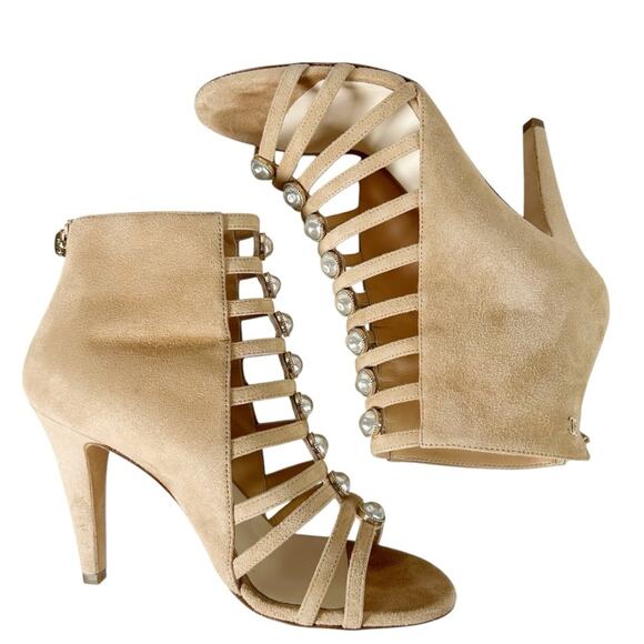 CHANEL Pearl Caged Open Toe Heeled Suede Ankle Boot Sandals - Picture 4 of 12